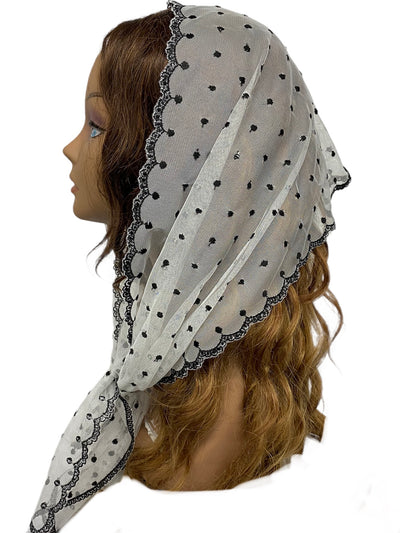 83-01 | Oblong Wide | Lace Embroidered | Polka Dots & Scalloped Trim Scarf | White/black