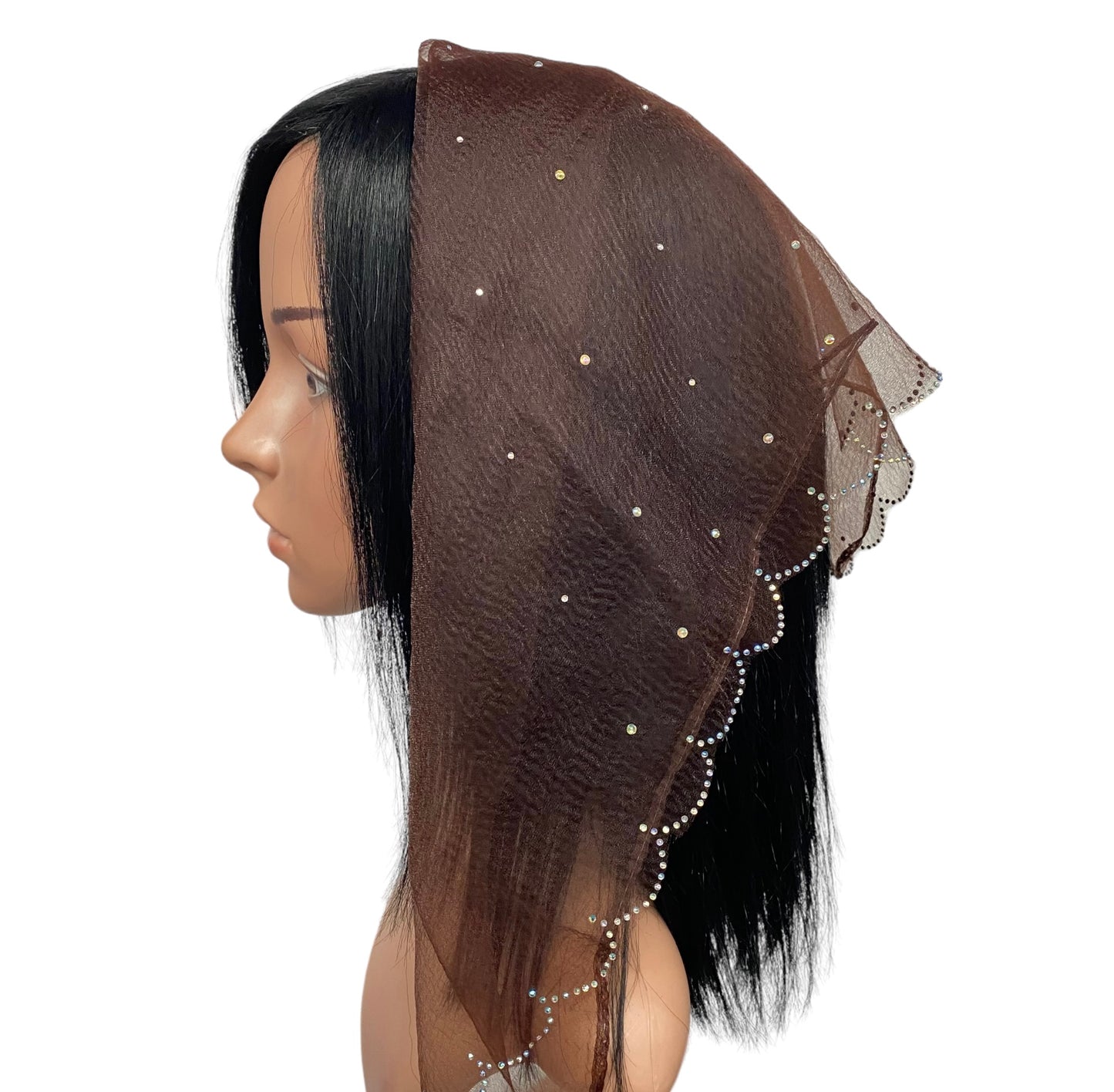 New | Nylon Square | Scalloped Edges & Light Scattered Rhinestone | Brown/Silver