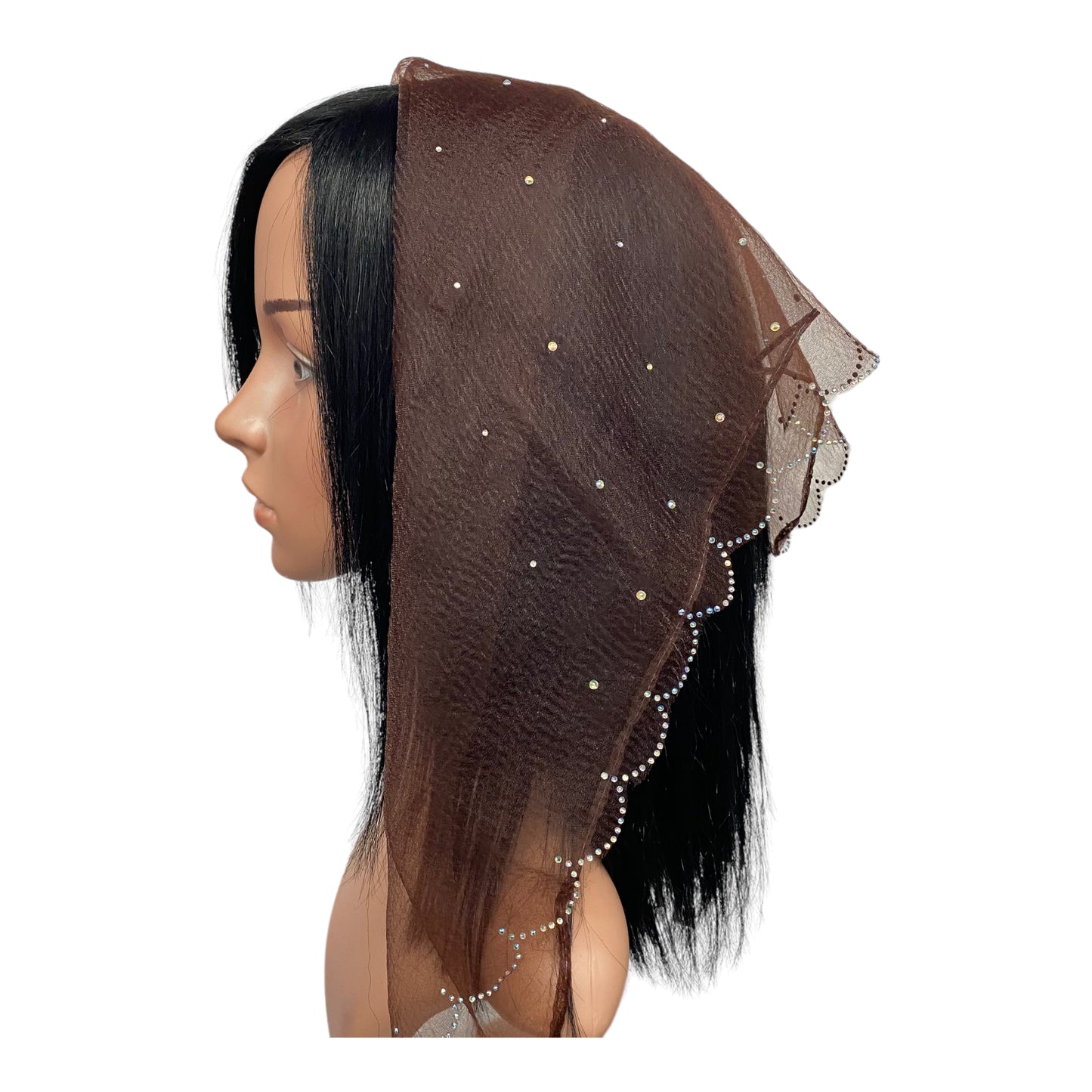 New | Nylon Square | Scalloped Edges & Light Scattered Rhinestone | Brown/Silver