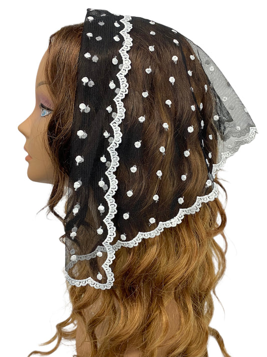 76-04| Lace Triangle | Polka Dots | Embroidered & Scalloped Trim | Black/white