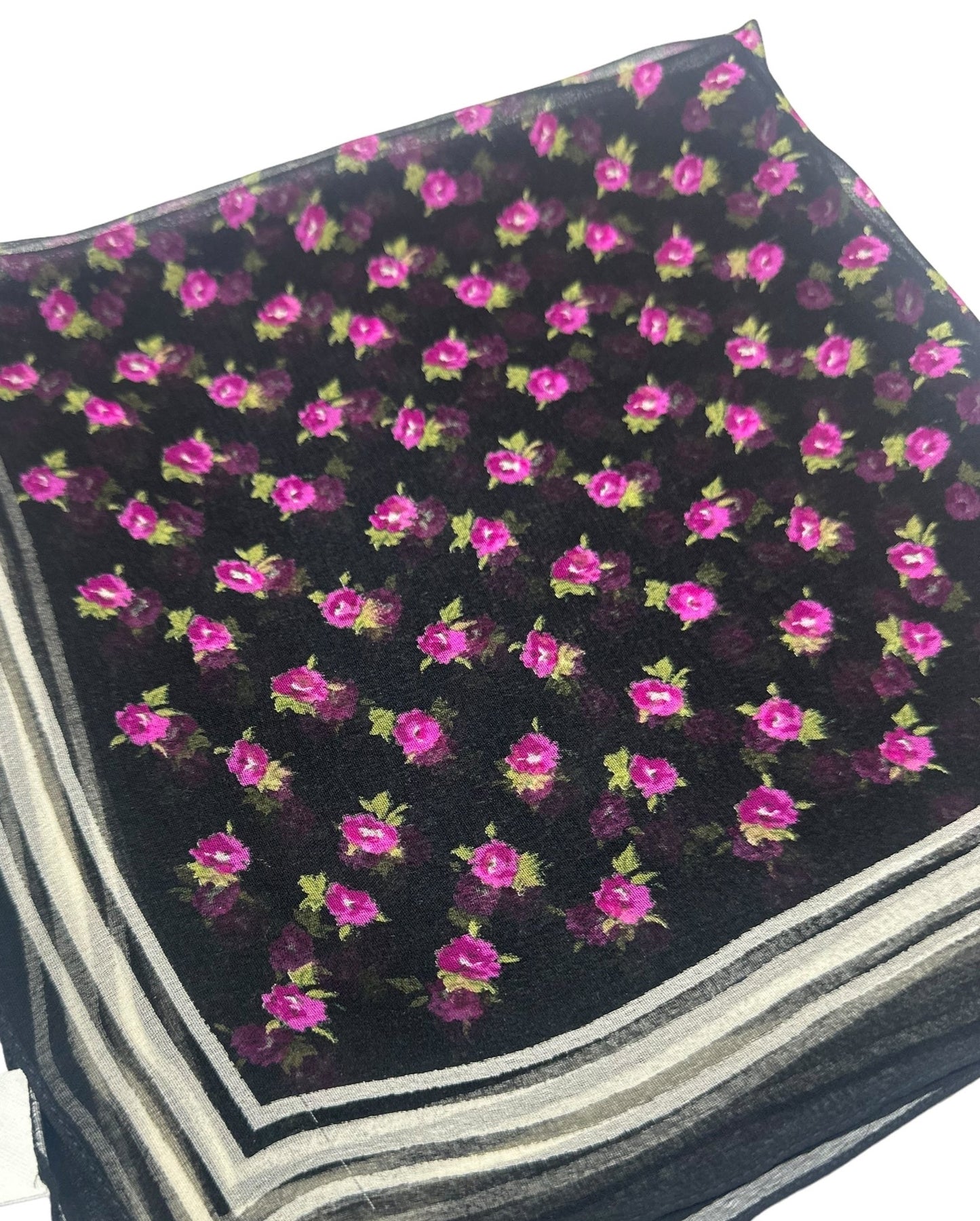 Square Silk Scarf | 119-105 | Black with Pink Roses & Ivory border