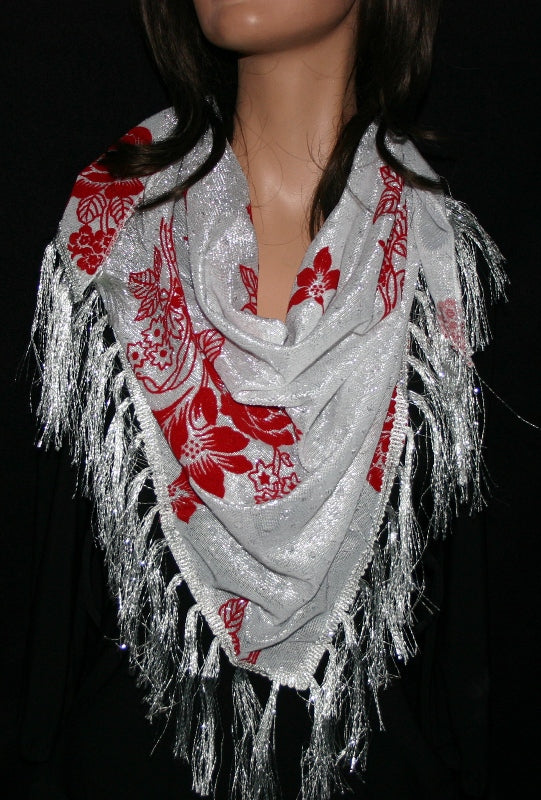 Metallic Triangular Shawl |  White and Red