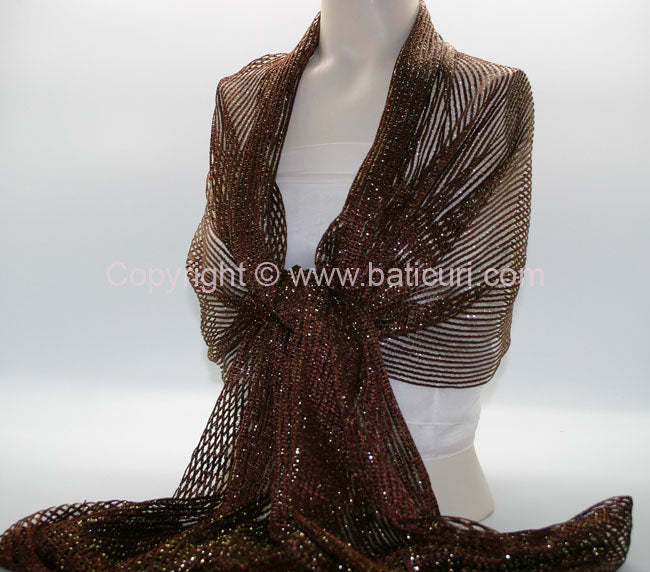 Oblong Polyester | Metallic Mesh Scarf | Brown/Gold