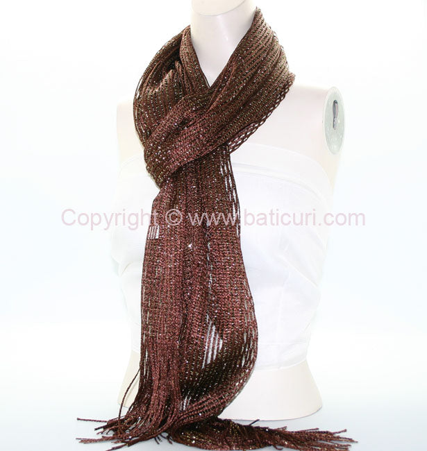 New! Oblong Polyester | Metallic Mesh Scarf | Brown/Gold