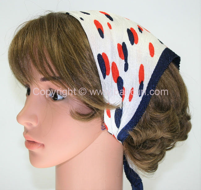 90-34 Polyester | Silky Pleated Scarves | Large Dots | Navy/Red