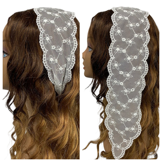 84-01 | Skinny Lace | Floral Embroidered | Headband Scarf | White