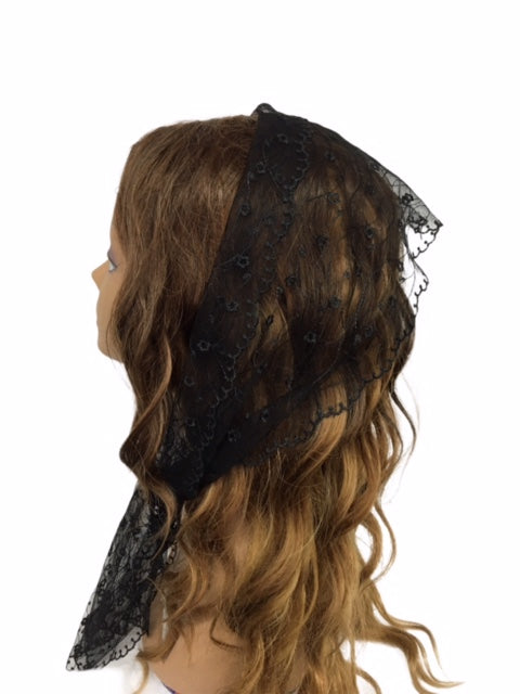 54-02 NEW OB Net Lace All Over Chamomile & Embroidery Trim Scarf- Black