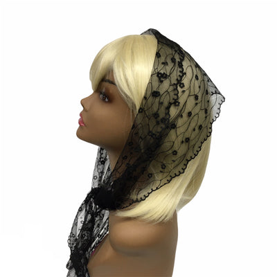 54-02 NEW OB Net Lace All Over Chamomile & Embroidery Trim Scarf- Black