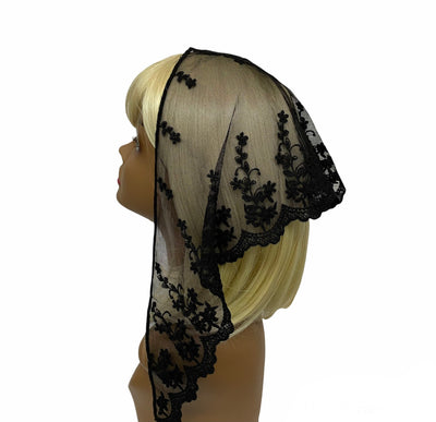 74-02 | Lace Triangle | Floral | Embroidered Back with Front Straight Edge | Black