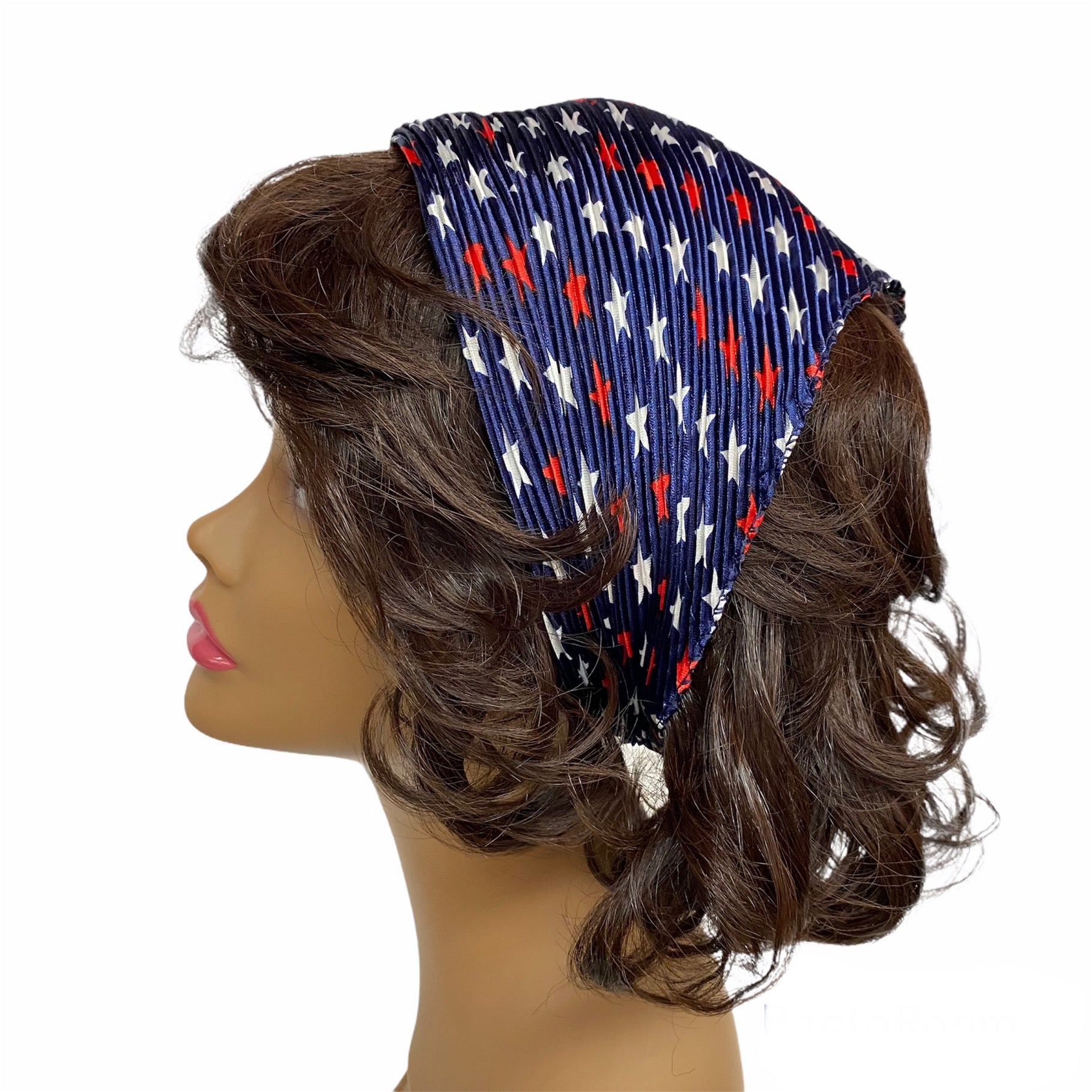 90-15 Polyester | Silky Pleated Scarves | Large Stars | Navy/Red/White