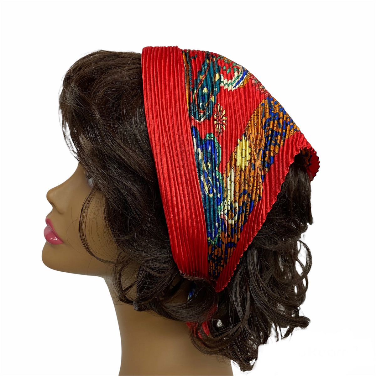 90-24 Polyester | Silky Pleated Scarves |  Paisley w/ Border | Red