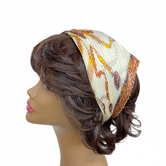 90-17 Polyester | Silky | Pleated Scarves w/ Tassel Print | Cream/Brown