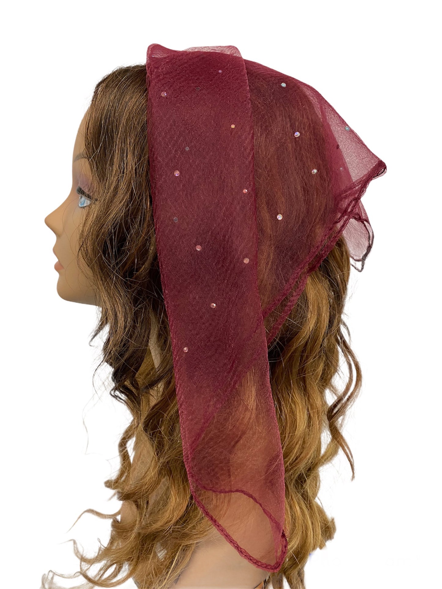 New Size SQ Nylon Scattered Rhinestones Scarf-Maroon