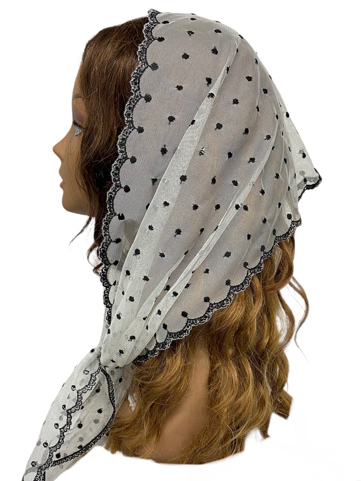 83-01 | Oblong Wide | Lace Embroidered | Polka Dots & Scalloped Trim Scarf | White/black