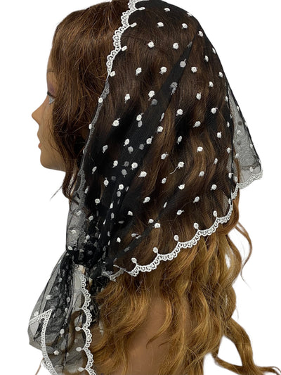 83-02 New OB Wide Lace Embroidered Polka Dots & Scallop Trim Scarf black/white