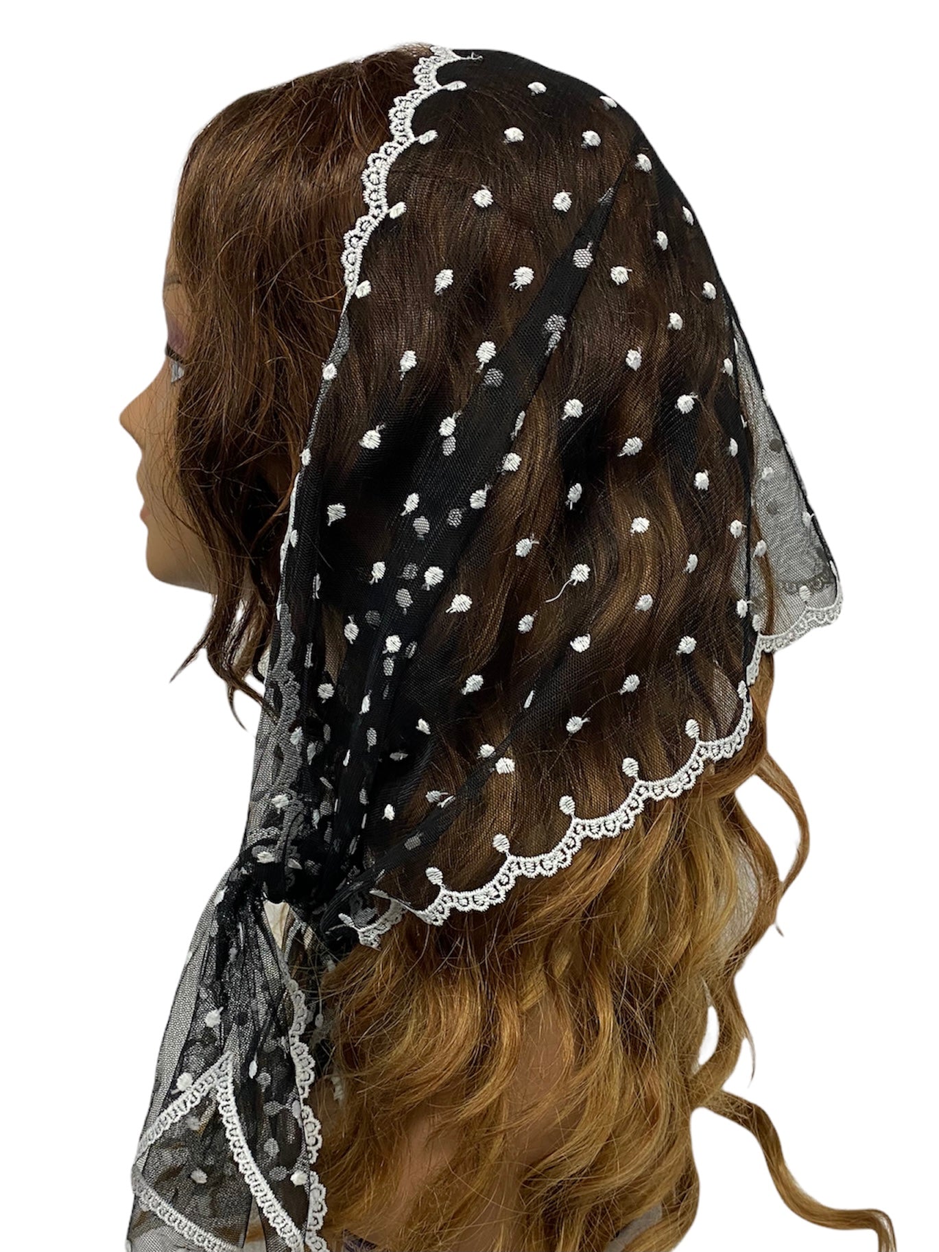 83-02 New OB Wide Lace Embroidered Polka Dots & Scallop Trim Scarf black/white