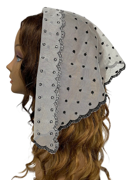 76-03| Lace Triangle | Polka Dots | Embroidered & Scalloped Trim |  White/black