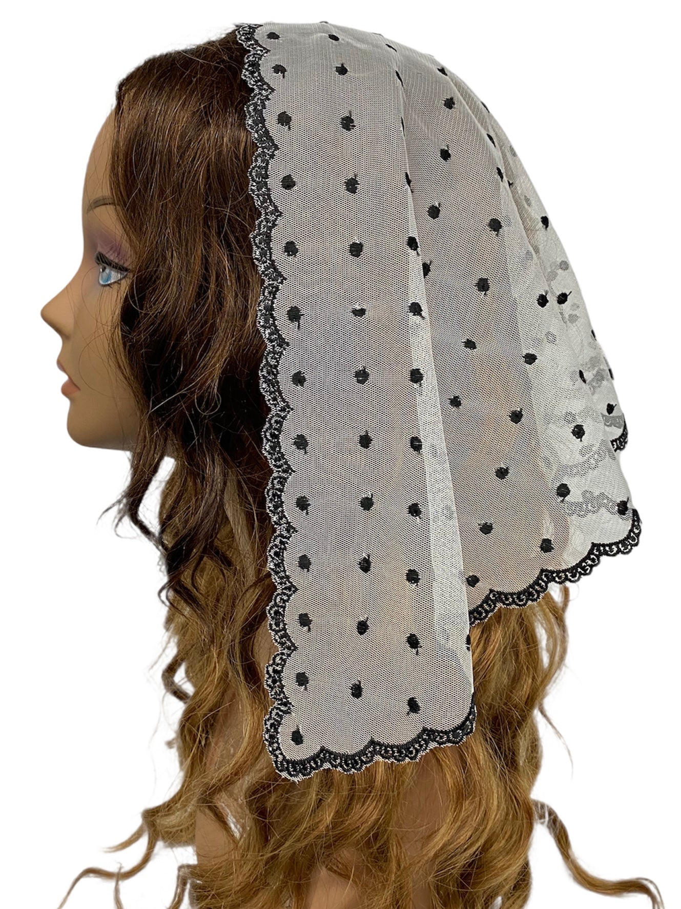 76-03| Lace Triangle | Polka Dots | Embroidered & Scalloped Trim |  White/black