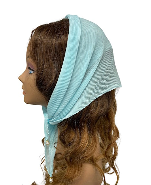 92-10 Polyester | Long Pleated Scarves | Pearl Detail | Lt. Blue