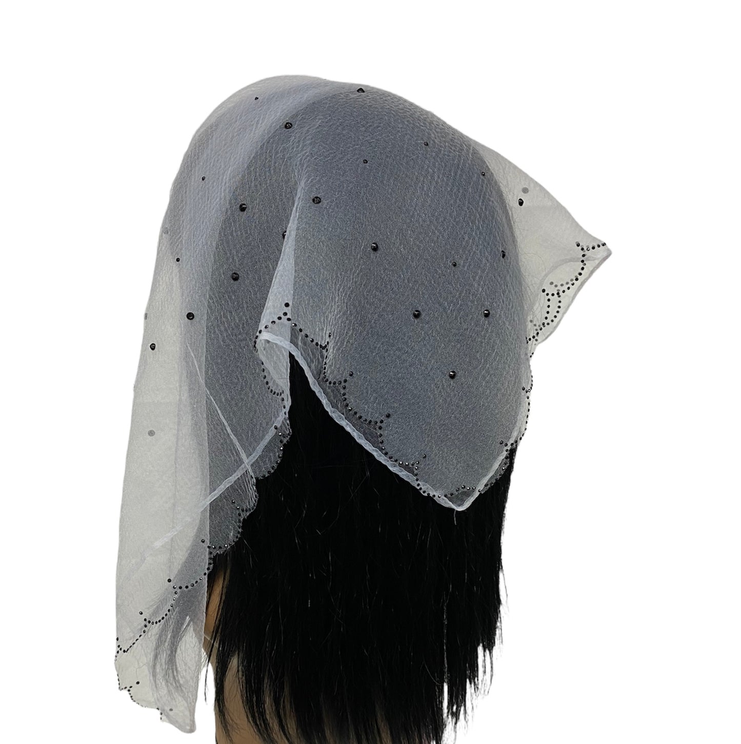 New | Nylon Square | Scalloped Edges & Light Scattered Rhinestone | White/Black