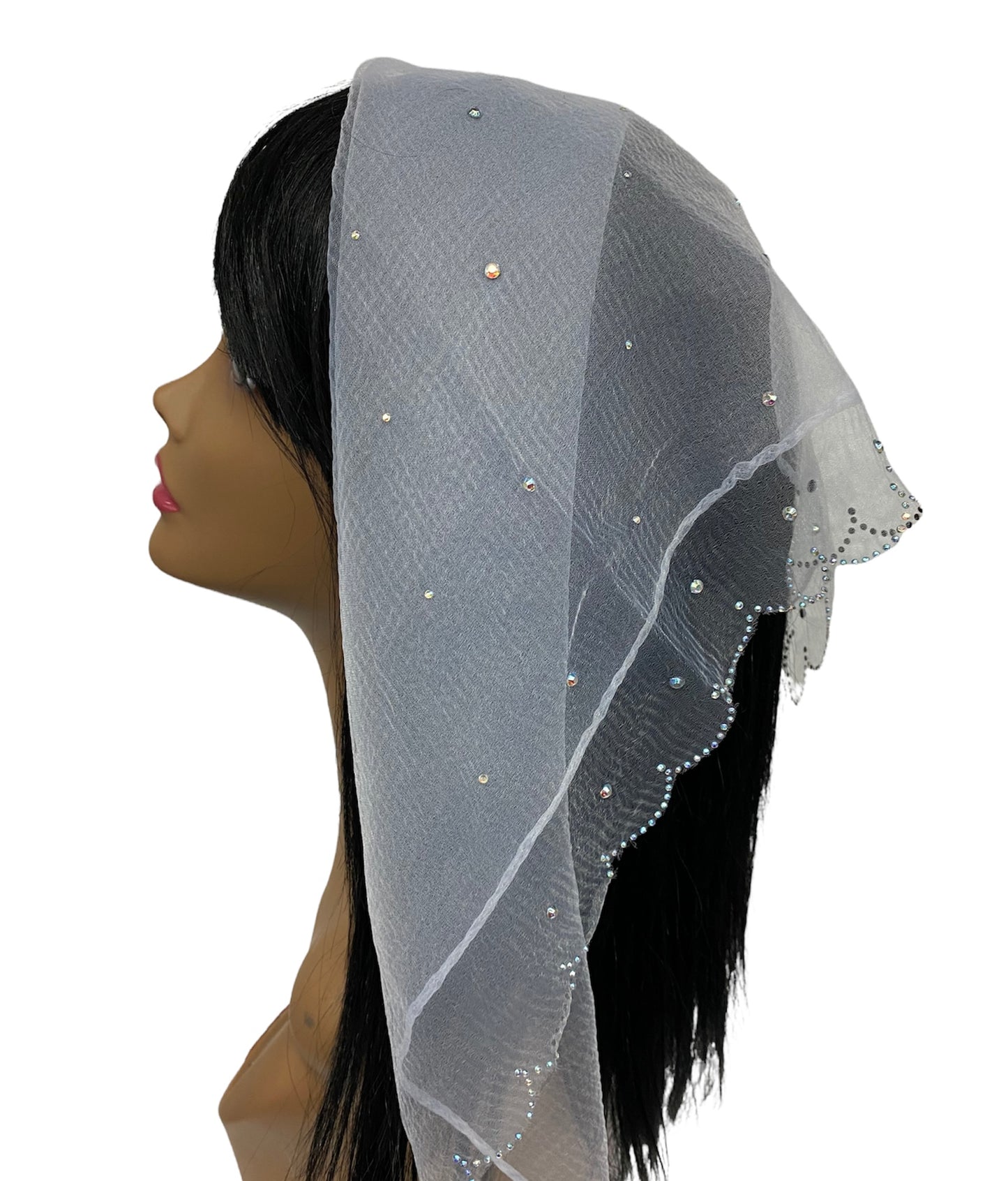 New | Nylon Square | Scalloped Edges & Light Scattered Rhinestone | White/Silver