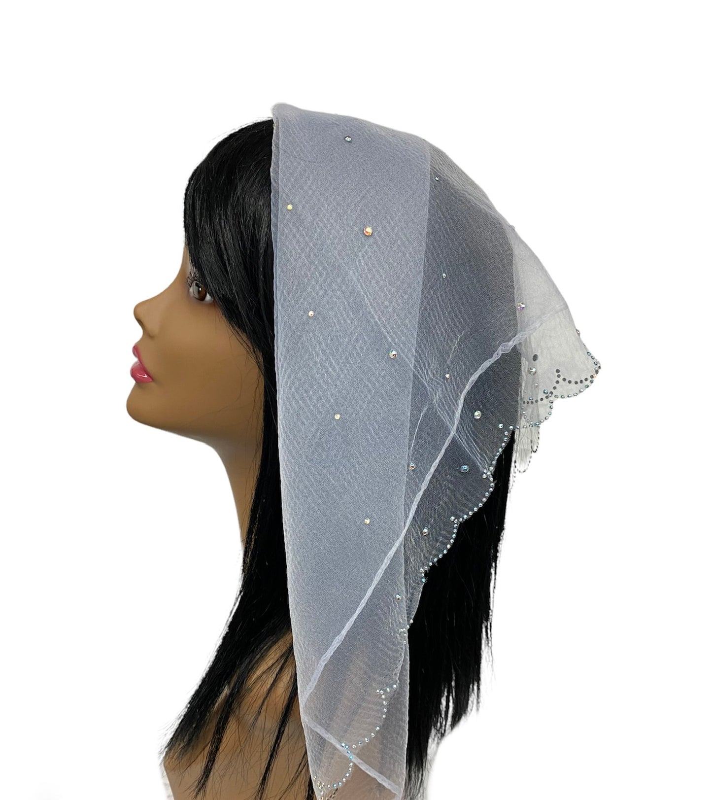 New | Nylon Square | Scalloped Edges & Light Scattered Rhinestone | White/Silver