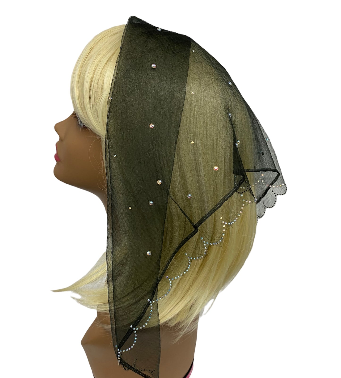 New | Nylon Square | Scalloped Edges & Light Scattered Rhinestone | Black/Silver