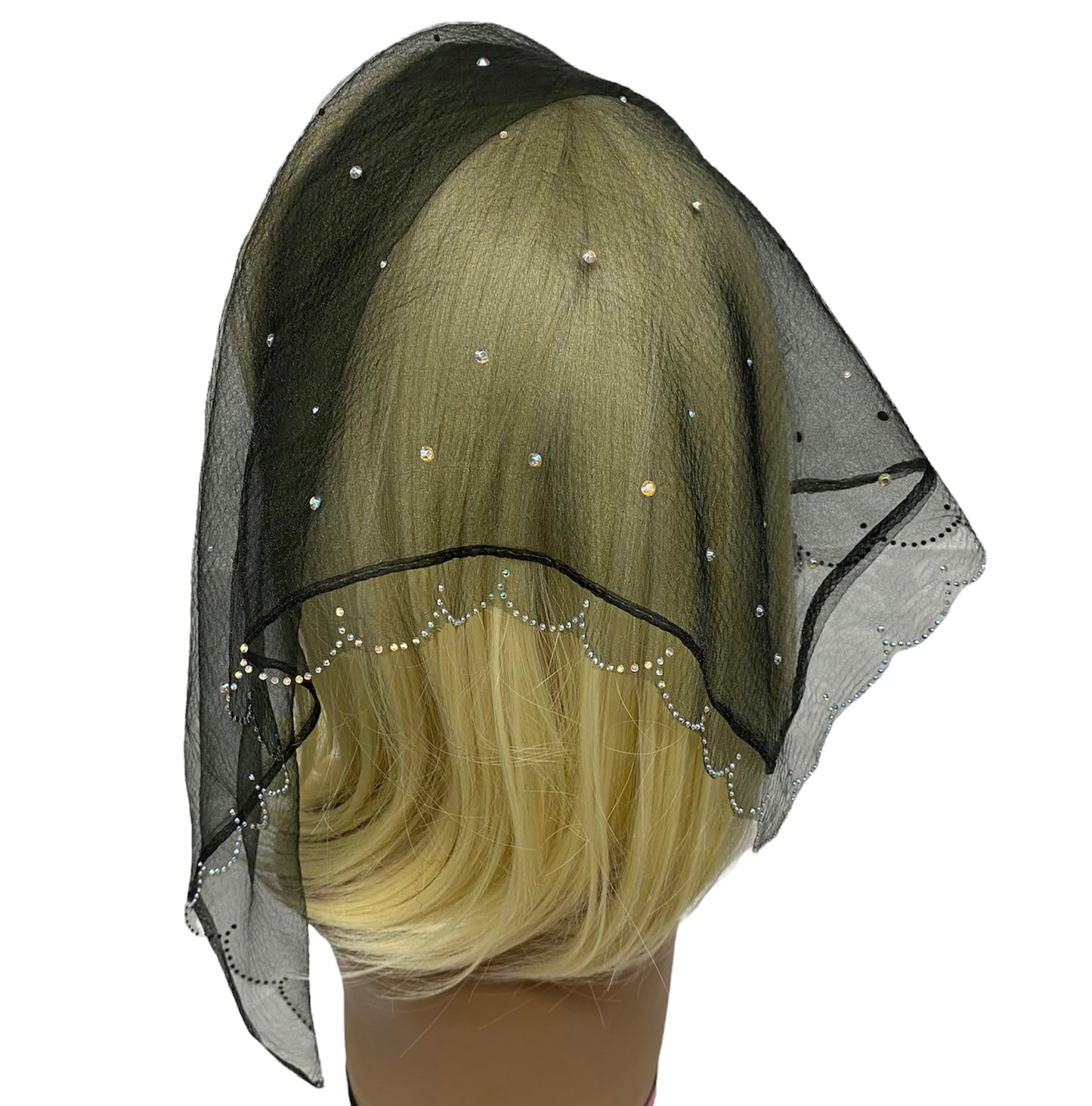 New | Nylon Square | Scalloped Edges & Light Scattered Rhinestone | Black/Silver